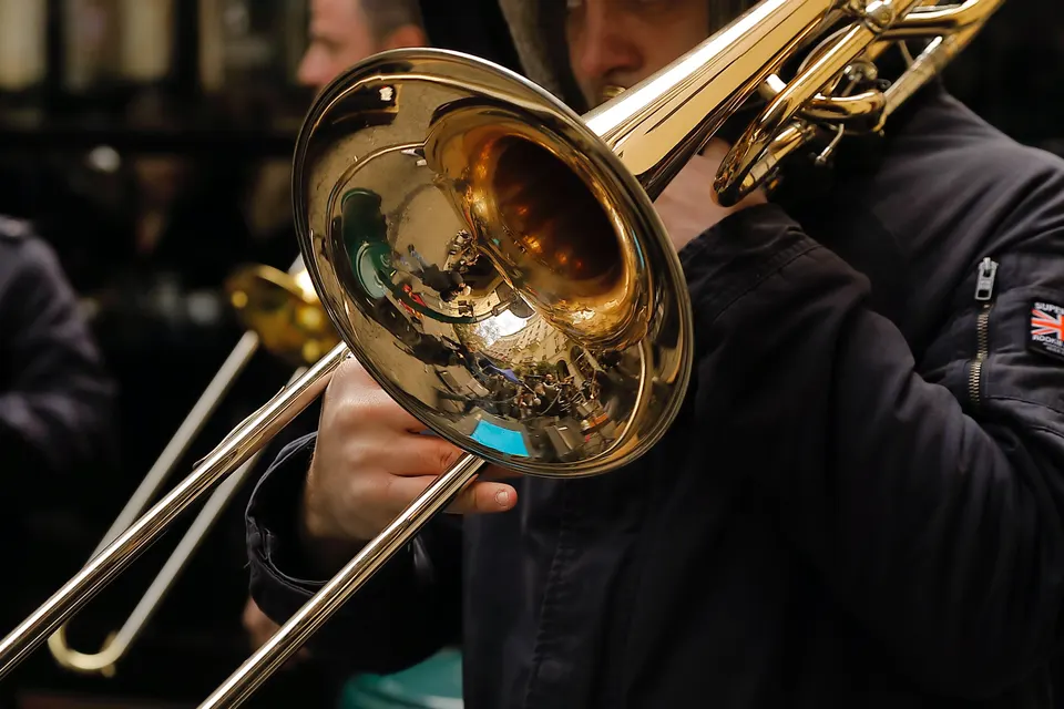 A trombone being played, close up